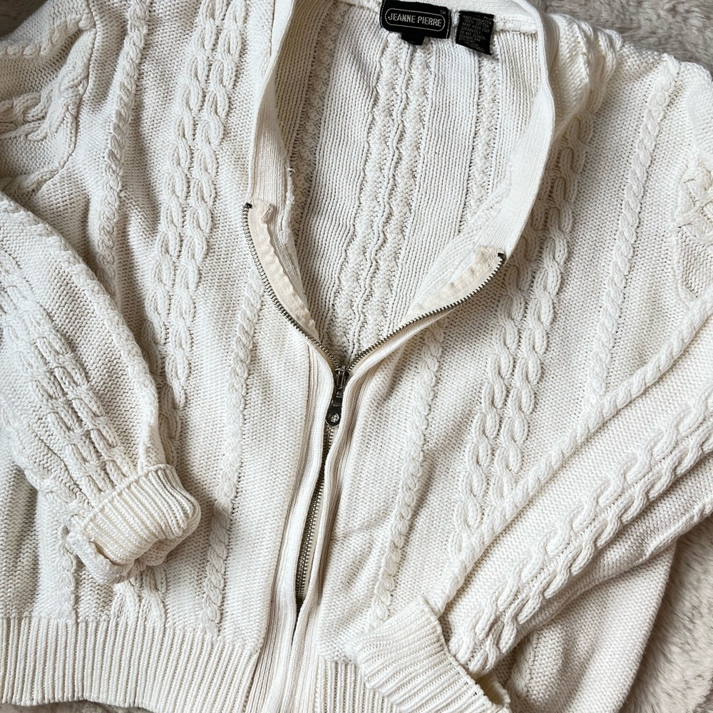 Jeanne Pierre 100% Cotton Vintage Cream Cable Knit Zip Sweater Jacket Small
